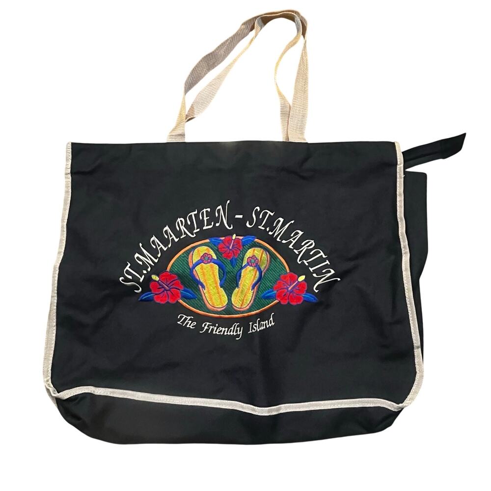 St Maarten St Martin Tote Bag Beach Travel Embroidered Caribbean Black Zipper